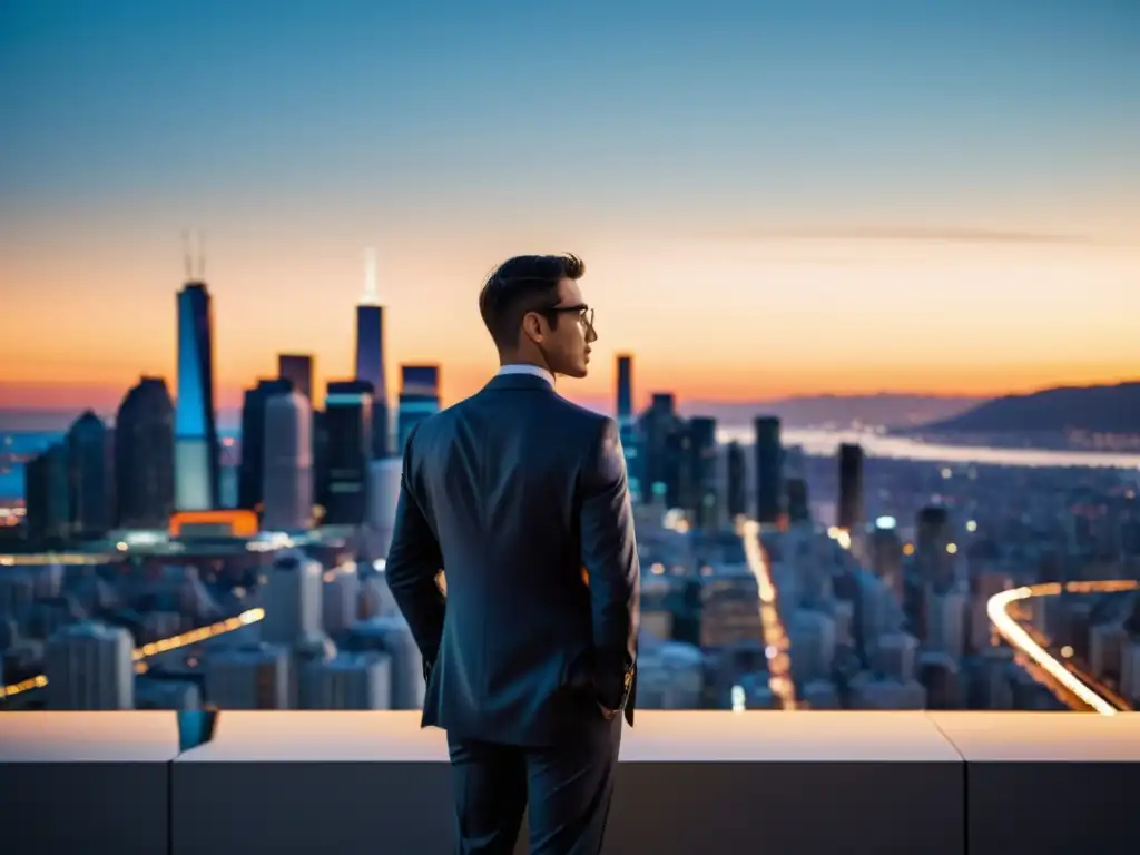 Éxito urbano al atardecer: Ambición y confianza en la ciudad Persona bien vestida de pie frente a un horizonte urbano moderno al atardecer, con luces de la ciudad