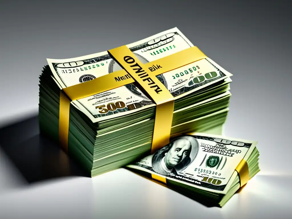 Desvanecimiento detallado: pila de dinero en 8k Una pila de dinero detallada en 8k disminuye en tamaño, con cada billete meticulosamente detallado