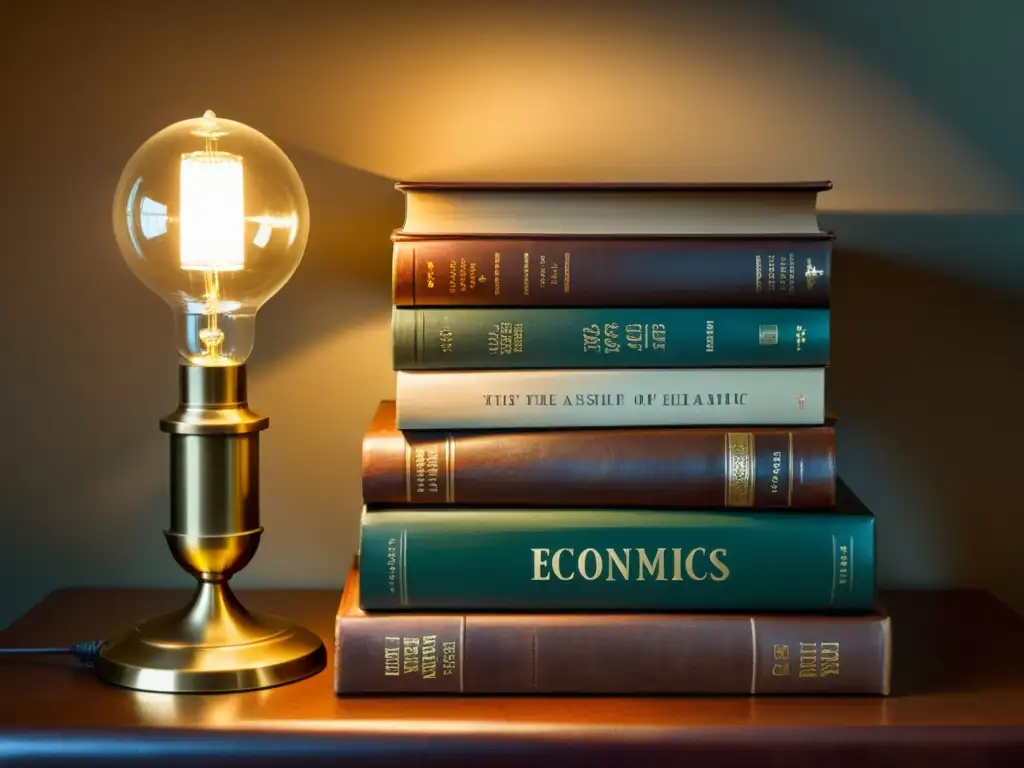 Montón de libros de economía vintage iluminados por lámpara de escritorio Una pila de libros vintage sobre economía iluminados por una cálida luz, evocando sabiduría y la atmósfera acogedora de estudio