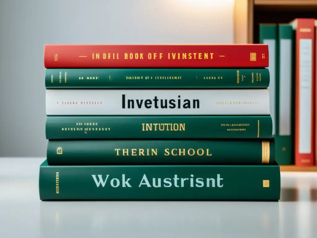 Una pila de libros sobre inversión y la Escuela Austriaca, con elegancia y conocimiento