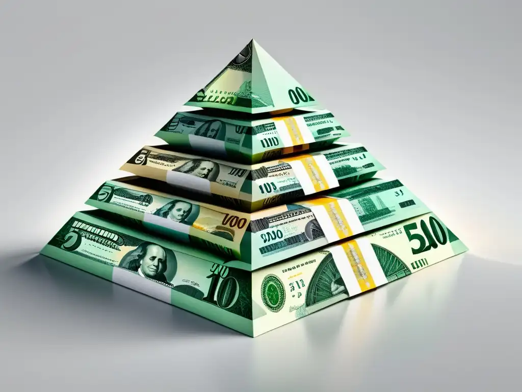 Montaña de billetes de diferentes países: detalle 8k Una pirámide de billetes de diferentes países, detallados y coloridos sobre superficie blanca