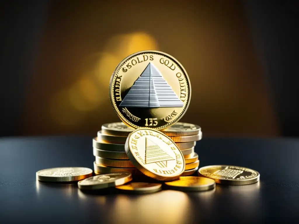 Montaña de oro y plata: riqueza reluciente Una pirámide de monedas de oro y plata brillantes sobre fondo negro, evolución del dinero metales preciosos criptoactivos