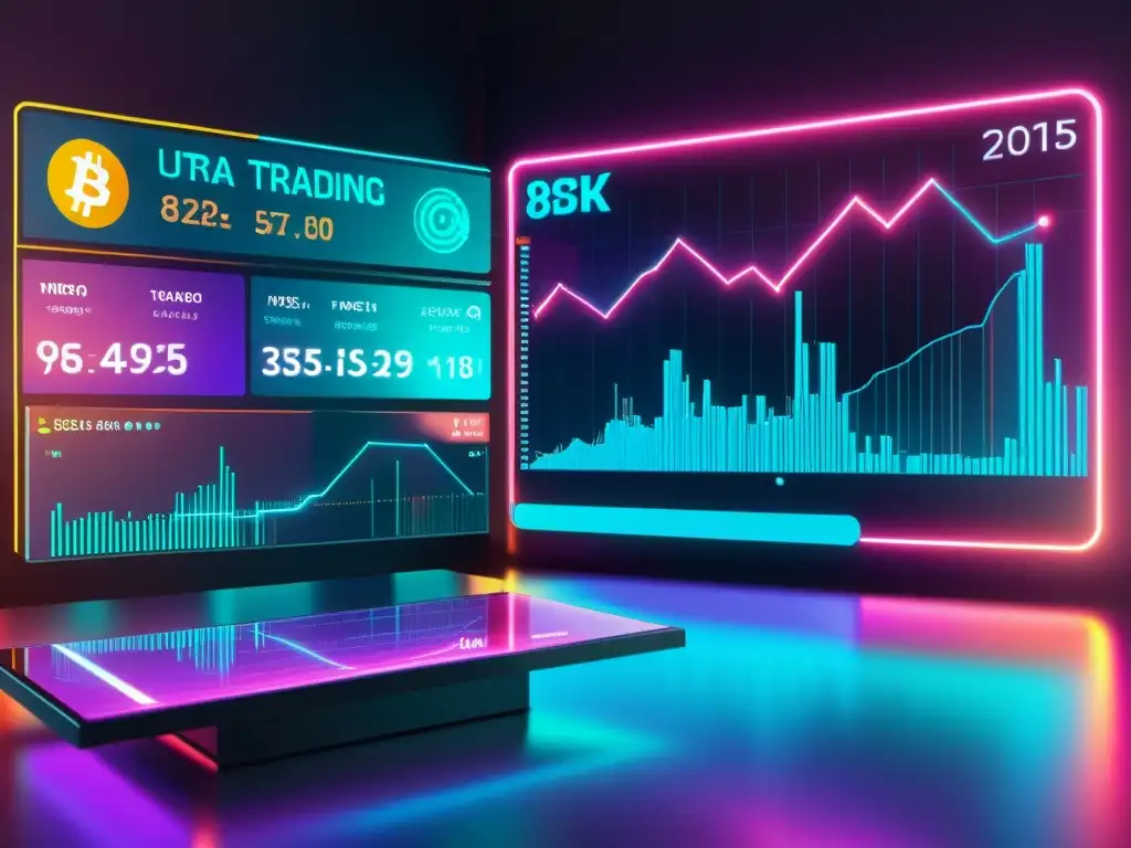 Plataforma de trading digital futurista con datos de mercado de criptomonedas en neon