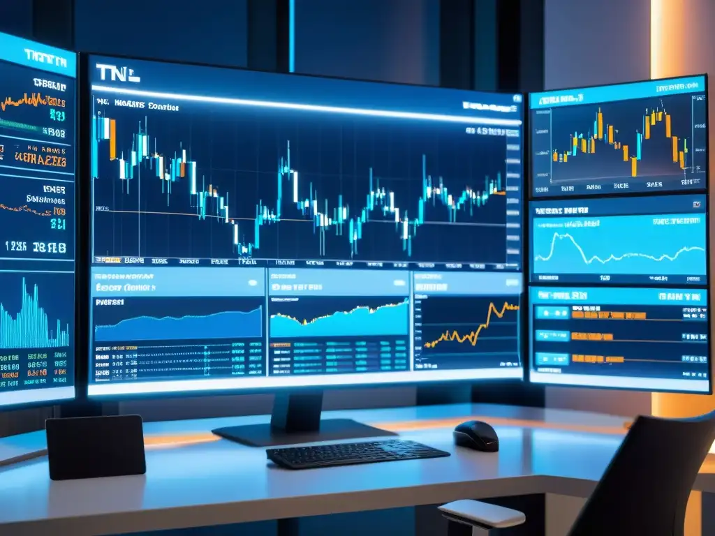 Una plataforma de trading futurista con gráficos de mercado, herramientas de análisis técnico y datos en tiempo real