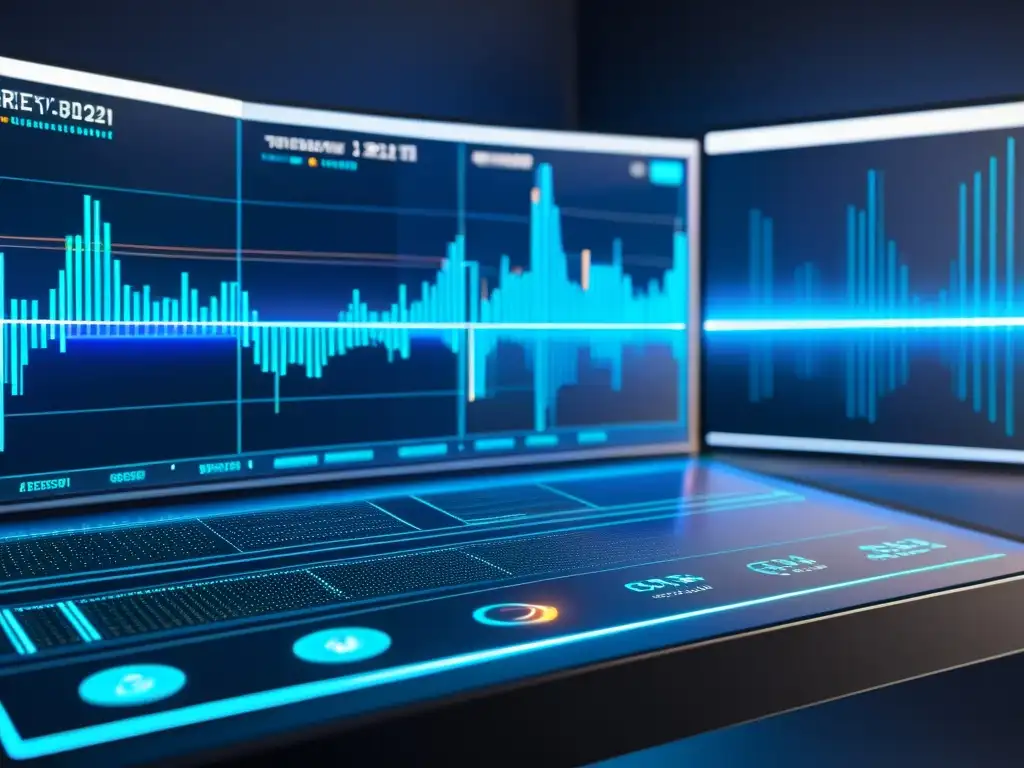 Una plataforma de trading futurista y minimalista con gráficos holográficos y líneas de código