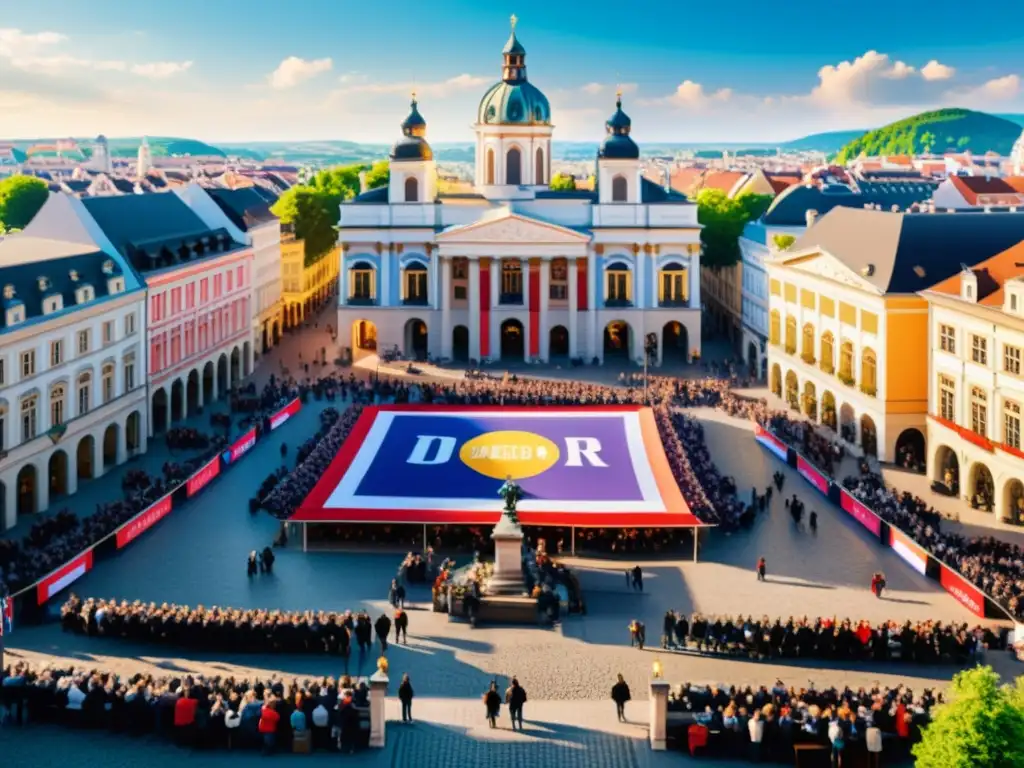 Plaza bulliciosa con debates y banderas, reflejando la energía de la democracia directa y la Escuela Austriaca