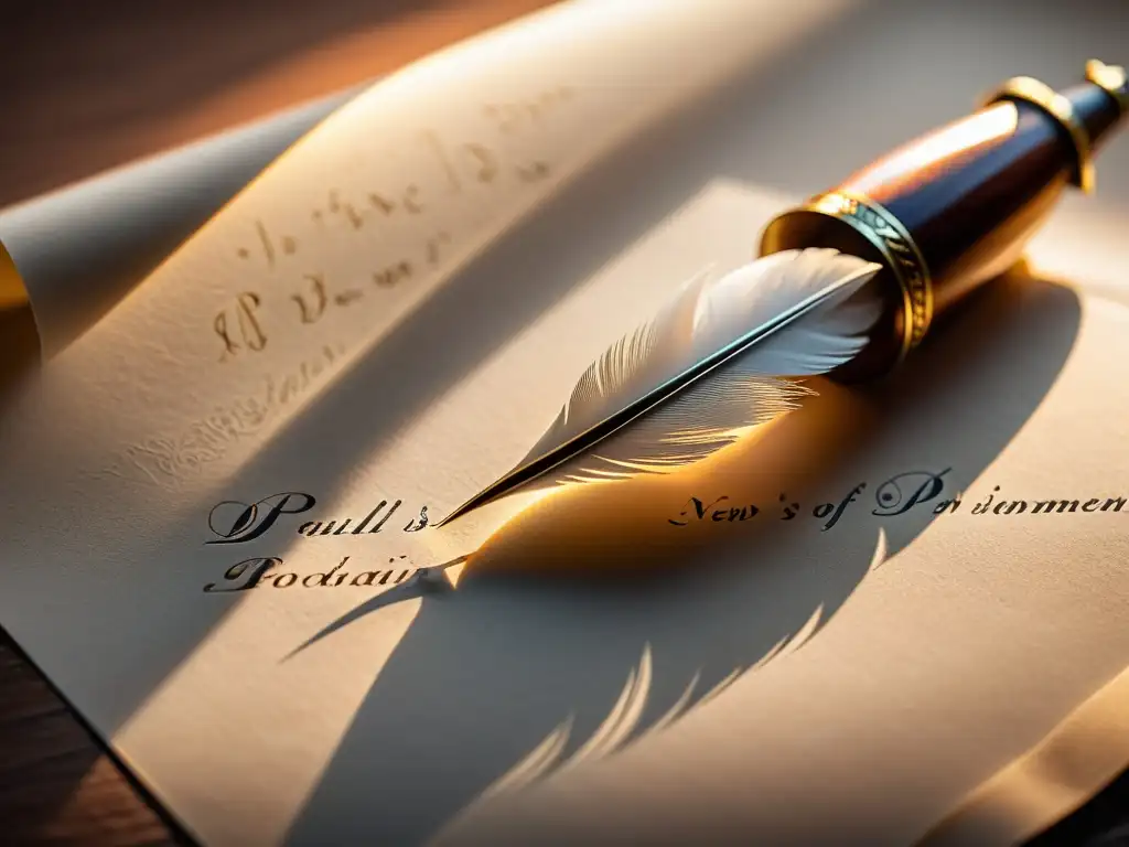 Pluma de escritura sobre pergamino en blanco: detalle exquisito Una pluma de escribir antigua se posa sobre un pergamino en blanco, la luz suave resalta sus detalles