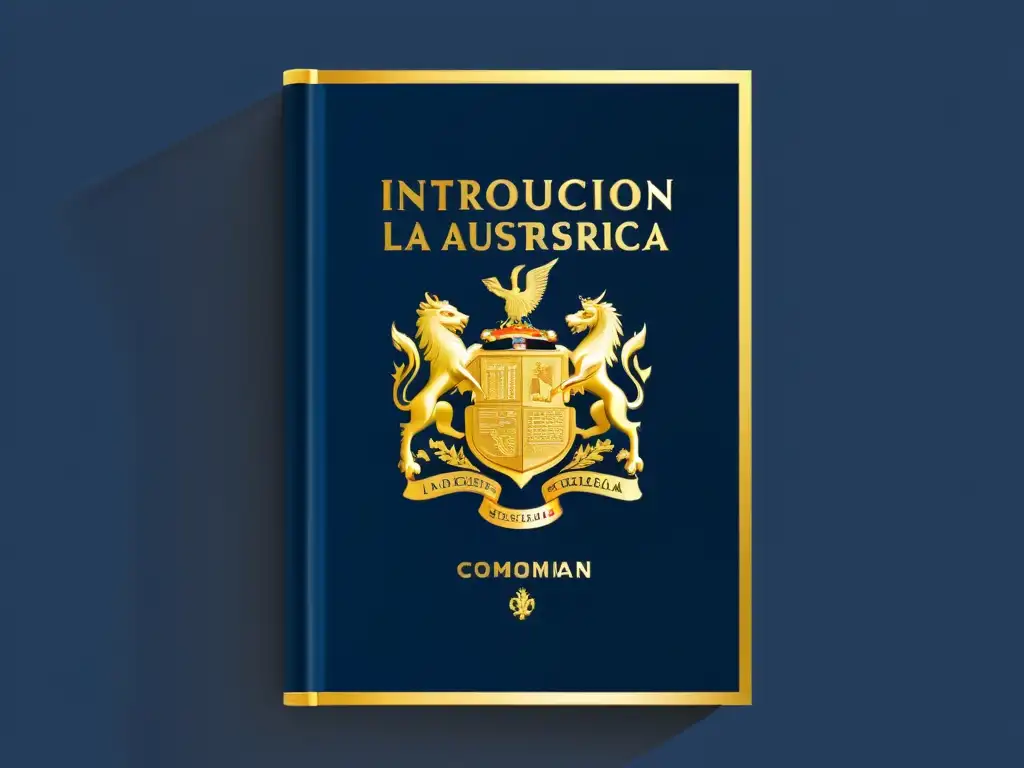 Portada detallada de libro de economía austriaca con elegante tipografía dorada y símbolos económicos en azul profundo