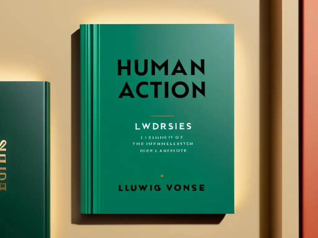 Portada del libro 'La Acción Humana' de Ludwig von Mises, un diseño minimalista y detallado en 8k que exuda sofisticación intelectual