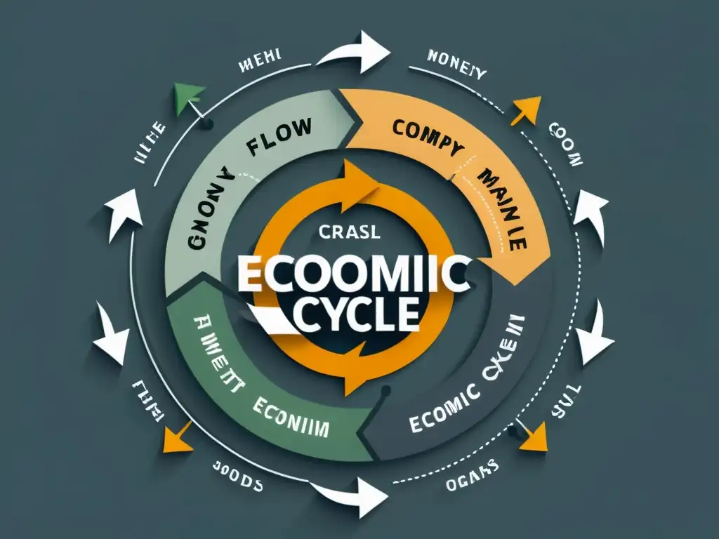 Interpretación praxeológica de ciclos económicos: ilustración minimalista de un ciclo económico circular con flechas interconectadas representando el flujo de bienes, dinero y recursos en la economía