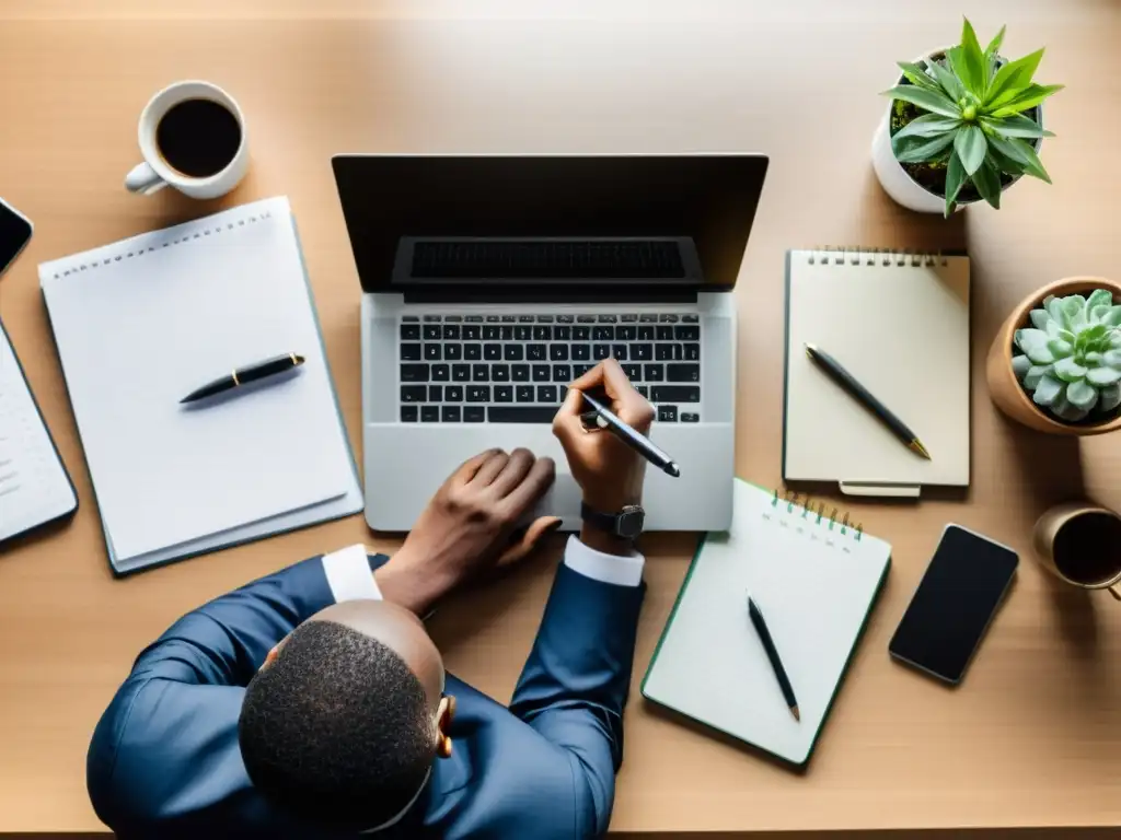 Un profesional enfocado en su escritorio minimalista, rodeado de herramientas financieras modernas