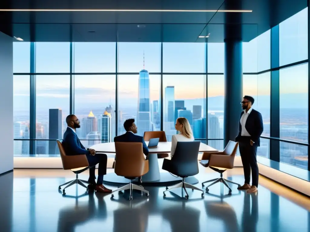 Profesionales diversificados discuten ideas en sala de conferencias moderna con vista a la ciudad