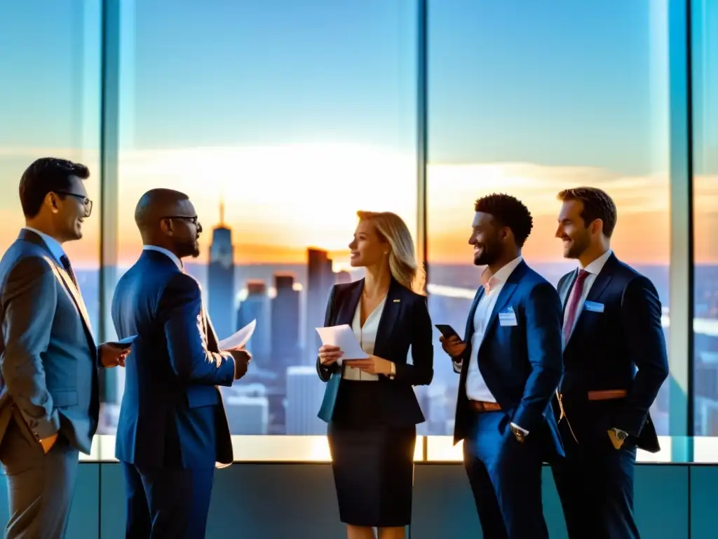 Networking Premium en la Ciudad al Anochecer Profesionales en trajes de negocios intercambian tarjetas en un evento premium para Escuela Austriaca, con la ciudad al atardecer de fondo