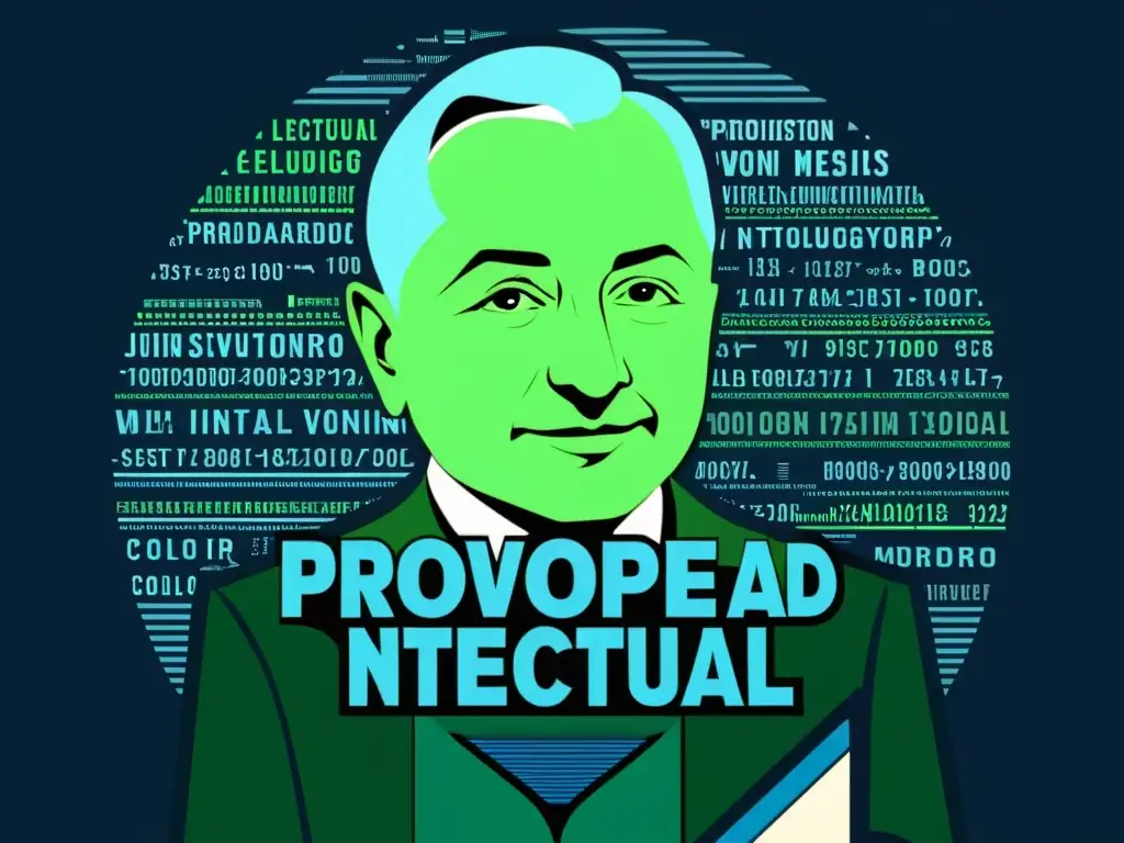 Ludwig von Mises sostiene 'Propiedad Intelectual' rodeado de tecnología en una ilustración digital minimalista en tonos grises, azules y verdes