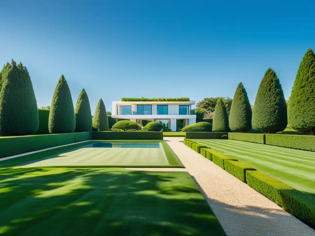 Una propiedad privada bien cuidada con jardín verde, setos recortados y una elegante casa moderna