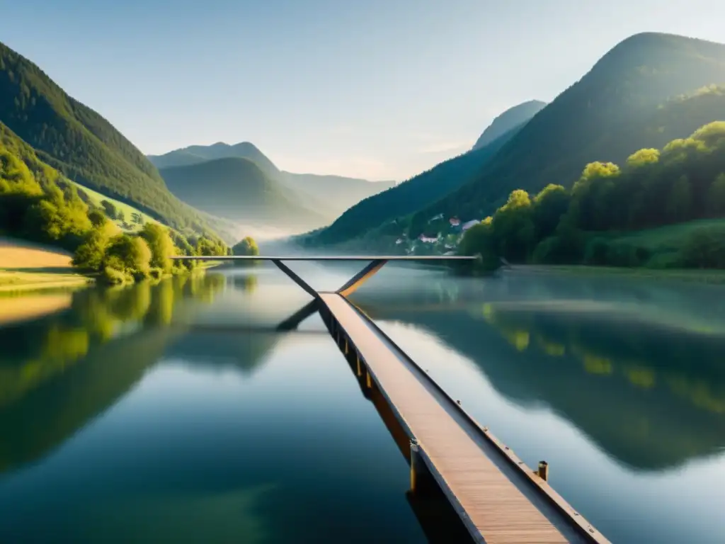 Puente de cooperación: símbolo de conexión en la Escuela Austriaca Un puente sereno cruza un río tranquilo, bañado por la cálida luz del sol