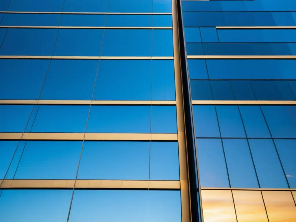 Esplendor financiero: rascacielos moderno capturando el atardecer Un rascacielos financiero moderno reflejando el atardecer dorado, con líneas elegantes y patrones geométricos, evocando estabilidad y sofisticación