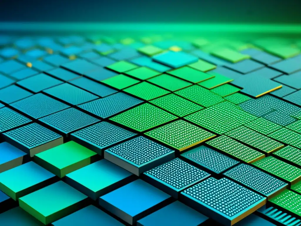 Una red blockchain detallada con bloques interconectados y datos criptográficos complejos, en tonos de azul y verde