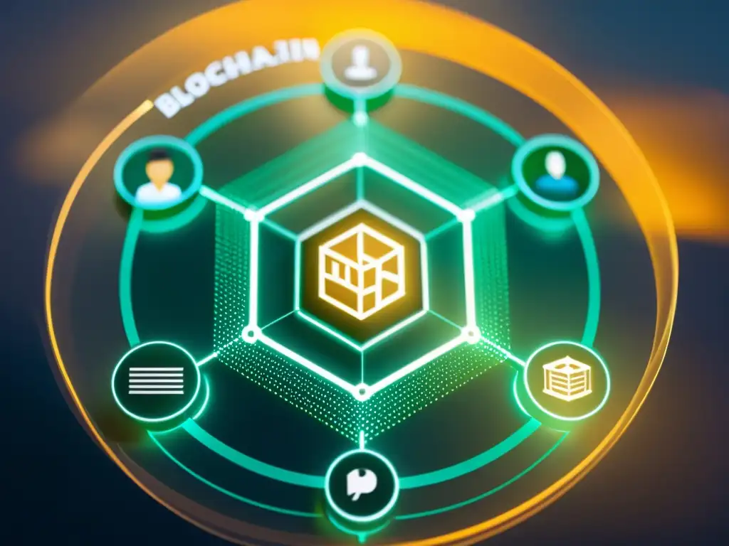 Red de soberanía local en blockchain: detalle ultra definido Una red blockchain transparente con bloques interconectados etiquetados con aspectos de soberanía local como gobernanza, economía y seguridad de datos