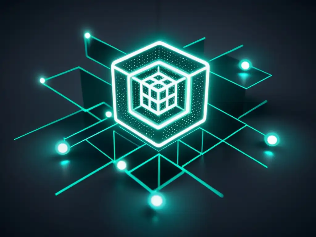 Red de Blockchain Futurista: Bloques Interconectados Red de bloques interconectados en un espacio futurista, representando la complejidad de las aplicaciones de la tecnología blockchain