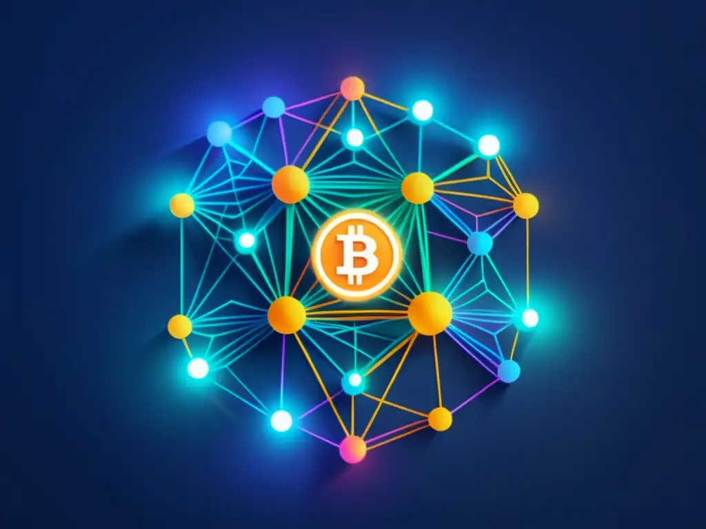 Una red descentralizada de criptomonedas, vibrante y futurista, evocando libertad financiera