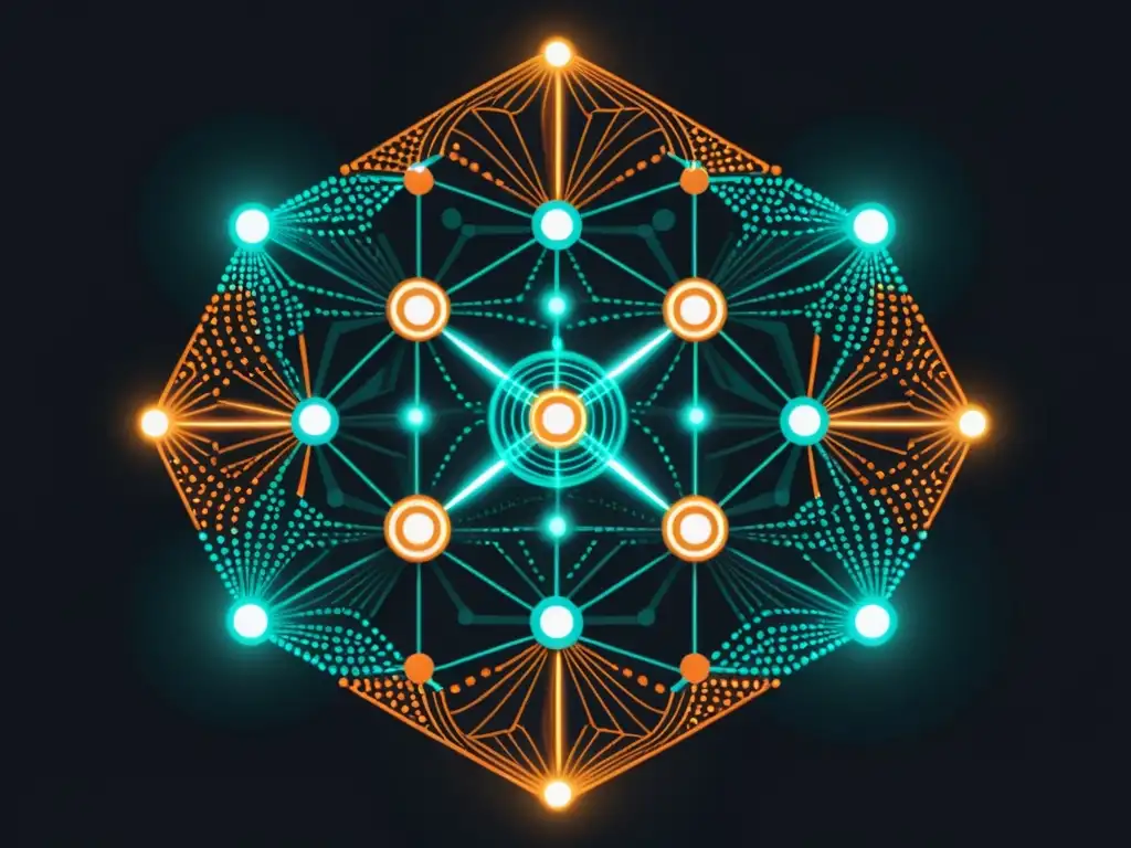 Descubre la red blockchain con nodos brillantes y símbolos de la Teoría del Ciclo Económico Austriaca en criptomonedas