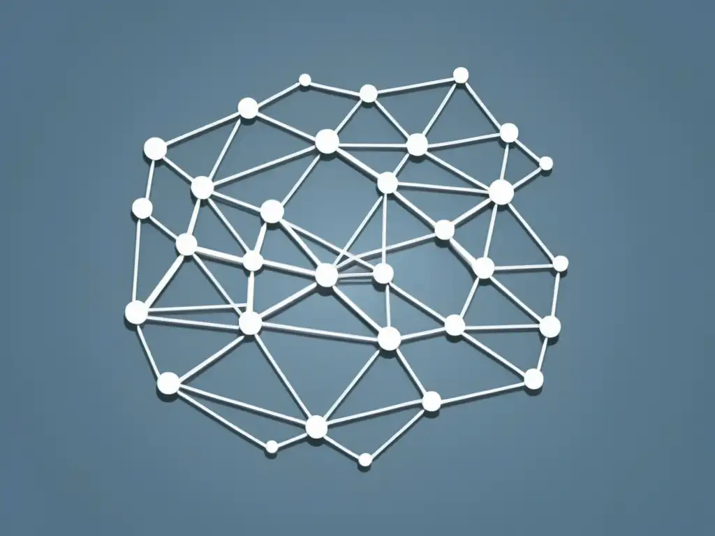 Red de influencias económicas austriacas: nodos interconectados Una red de nodos interconectados simboliza la complejidad de los Principios del éxito económico en una imagen minimalista de alta resolución