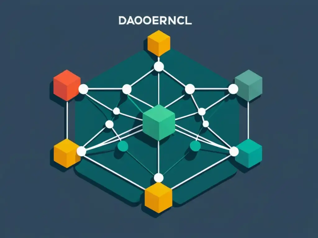 Una red de nodos interconectados representa la descentralización, mostrando DAO como alternativa a instituciones