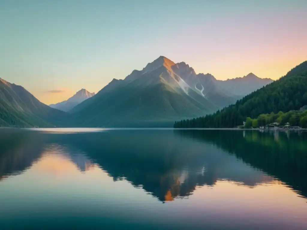 Reflejo sereno del lago, montañas y amanecer, evocando estabilidad y calma en medio de la crisis económica