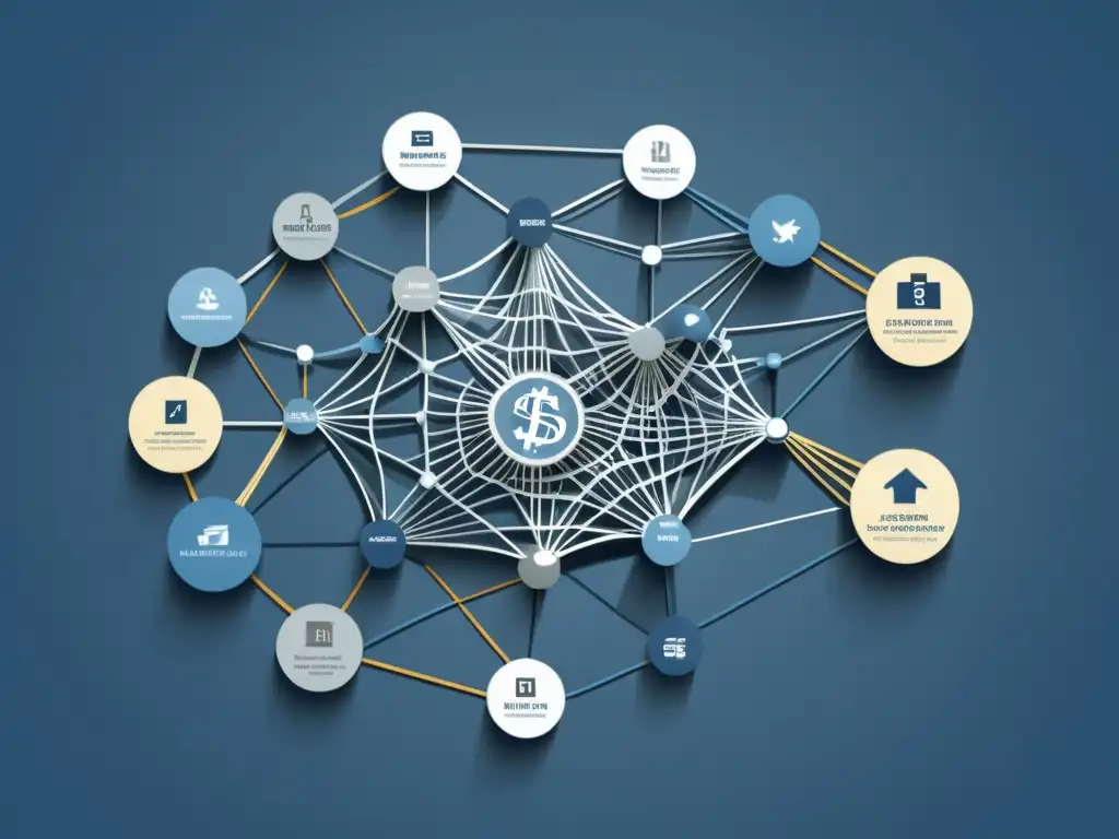 Una representación detallada de una red financiera entrelazada, mostrando el impacto del malinvesting en economía en tonos de azul y gris