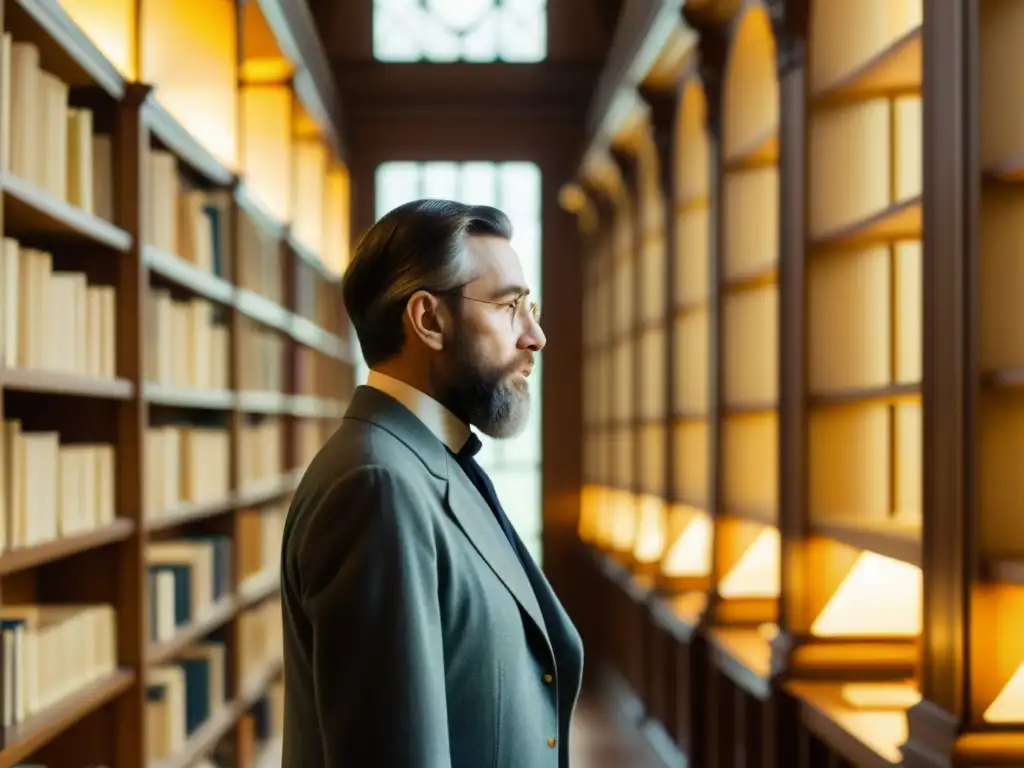 Carl Menger: Sabiduría en la biblioteca Retrato de Carl Menger en una biblioteca antigua con libros, iluminado por luz dorada