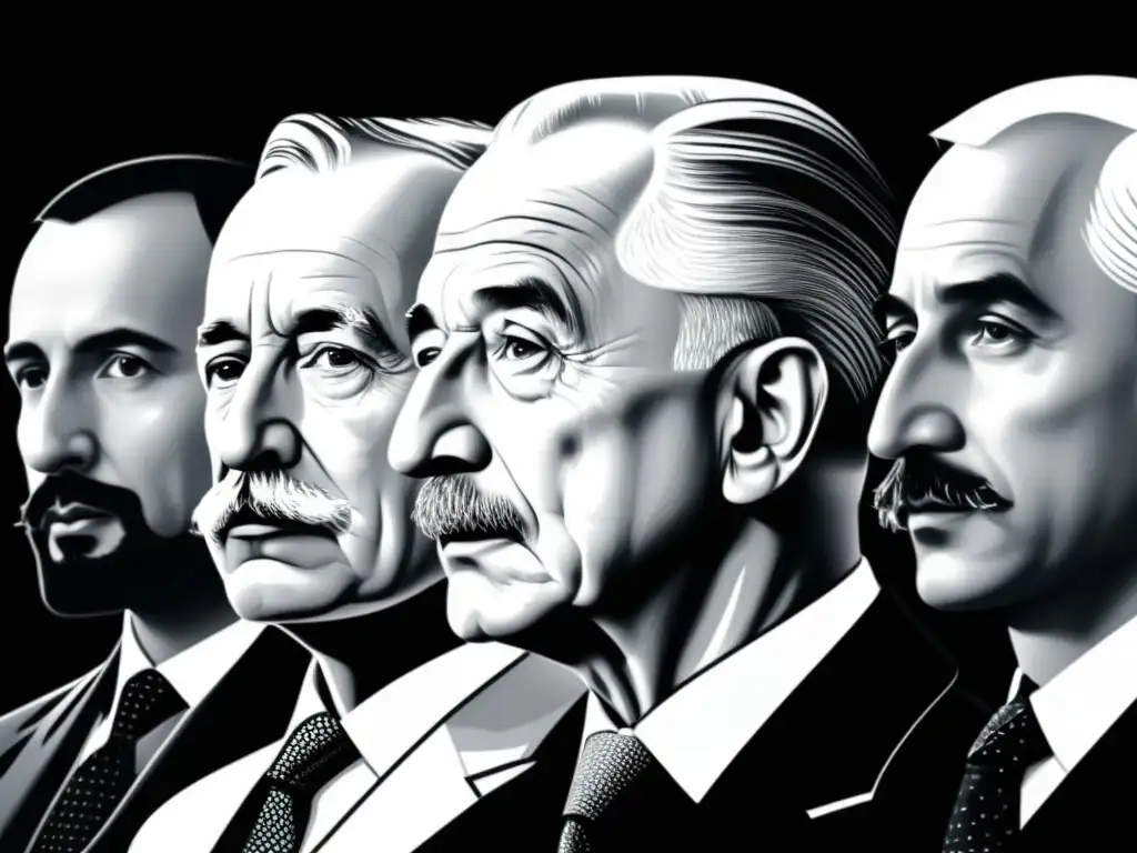 Un retrato en blanco y negro de destacados economistas austriacos, como Ludwig von Mises y Friedrich Hayek, inmersos en una animada discusión intelectual, con detalles intrincados que resaltan sus rasgos faciales y expresiones