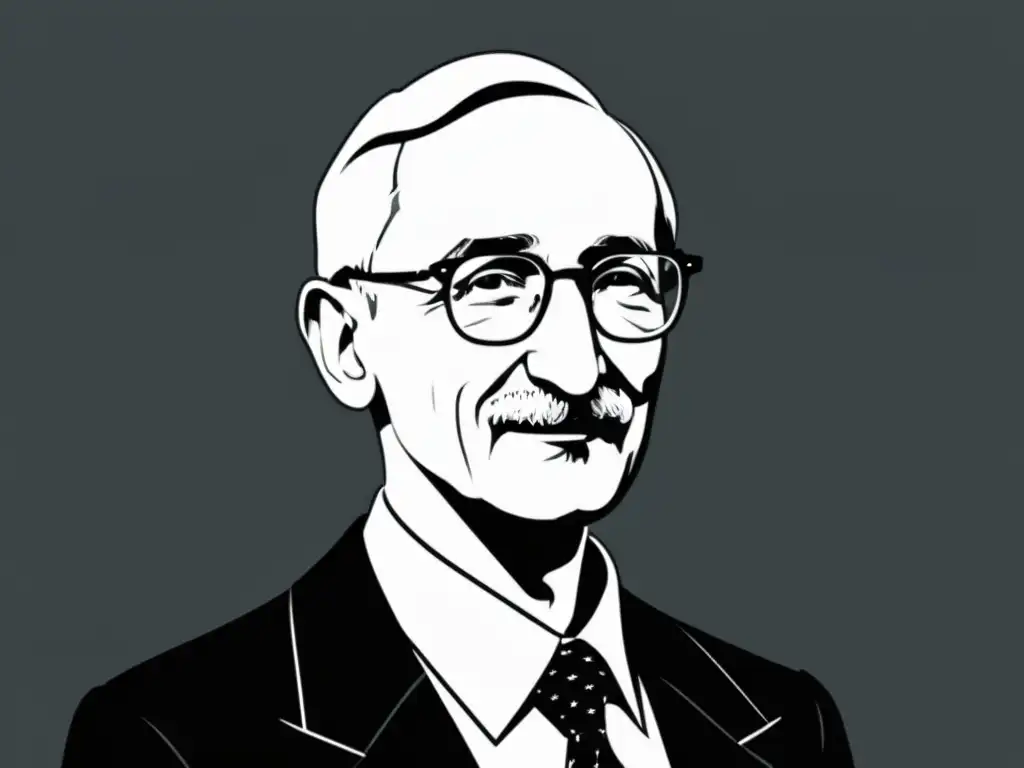 Retrato en blanco y negro de Friedrich Hayek con expresión focalizada, fondo degradado cálido a fresco