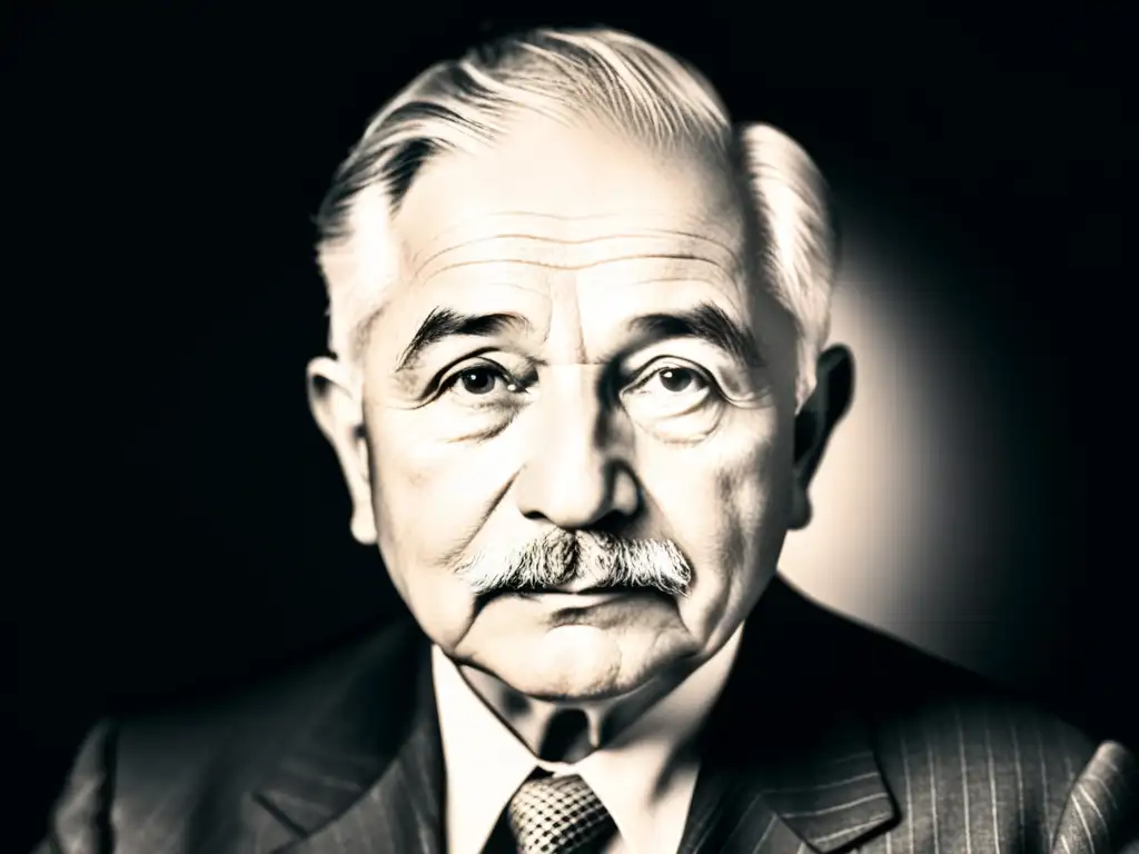 Retrato en blanco y negro de Ludwig von Mises, con intensa mirada y fondo neutro