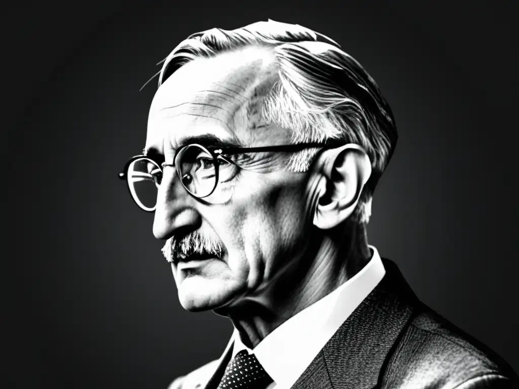Perfil intenso de Friedrich Hayek: visión y vigencia Retrato en blanco y negro de Friedrich Hayek, destacando su mirada intensa y expresión contemplativa