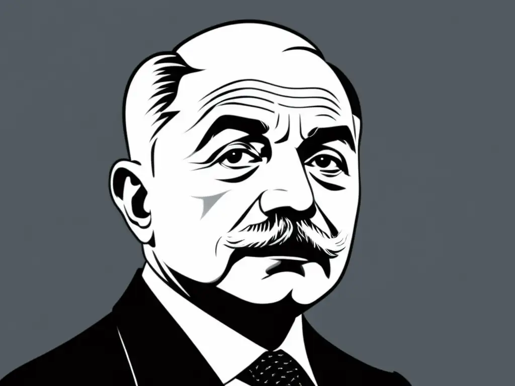 Retrato en blanco y negro de Ludwig von Mises con intensidad en sus ojos y expresión reflexiva