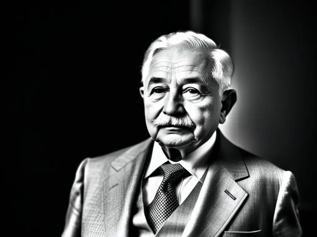 Retrato en blanco y negro de Ludwig von Mises, destacando su presencia autoritaria y sabiduría