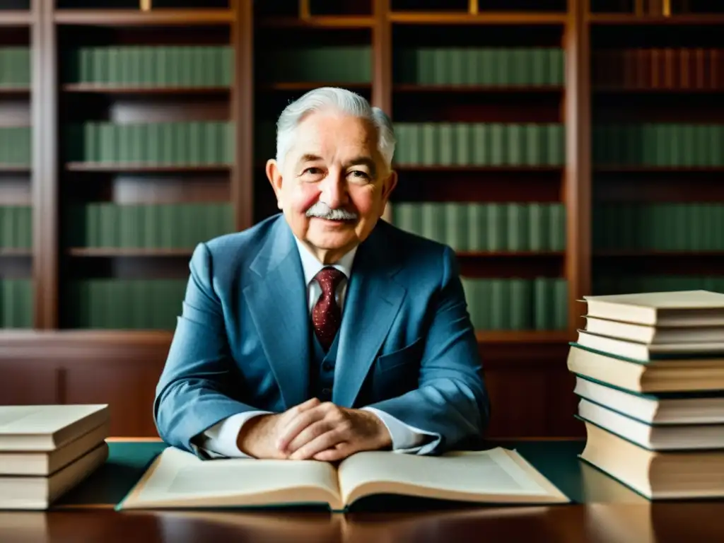 Retrato detallado de Ludwig von Mises en su escritorio, rodeado de libros y papeles