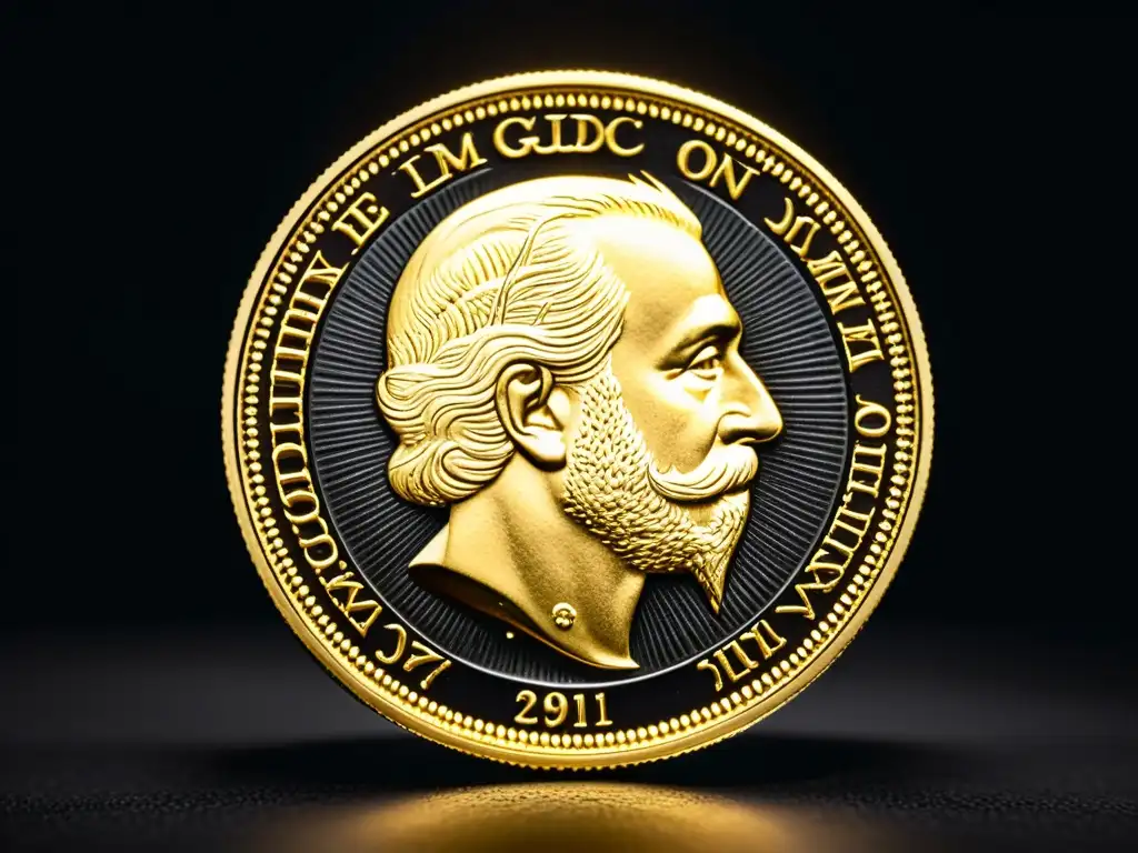 Detalles increíbles de una moneda de oro Un retrato detallado de una moneda de oro con intrincados grabados y un brillo reluciente, sobre fondo negro