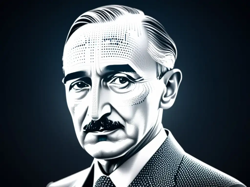 Retrato digital de Friedrich Hayek en código binario, con efecto de aura digital