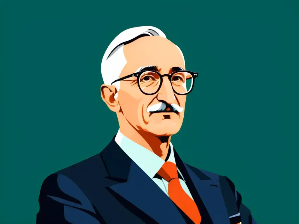 Un retrato digital minimalista de Friedrich Hayek con una plataforma de trading descentralizada reflejada en sus gafas, simbolizando la convergencia de sus teorías económicas y la tecnología financiera moderna