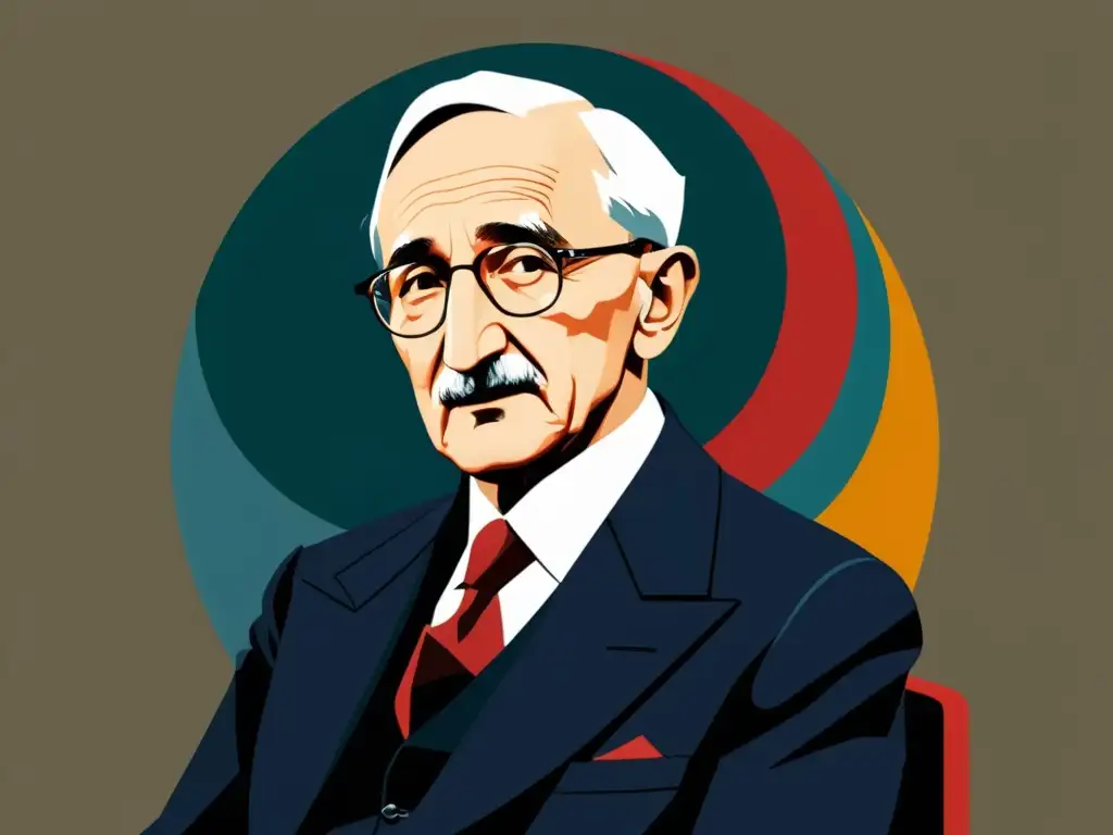 Retrato estilizado de Friedrich Hayek con símbolos económicos abstractos, reflejando enfoques contemporáneos en teorías de mercado Hayek