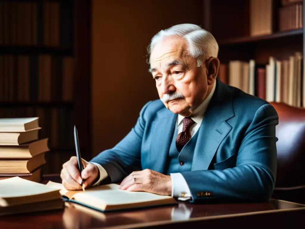 Retrato de Ludwig von Mises inmerso en su escritura en un entorno de elegancia y erudición