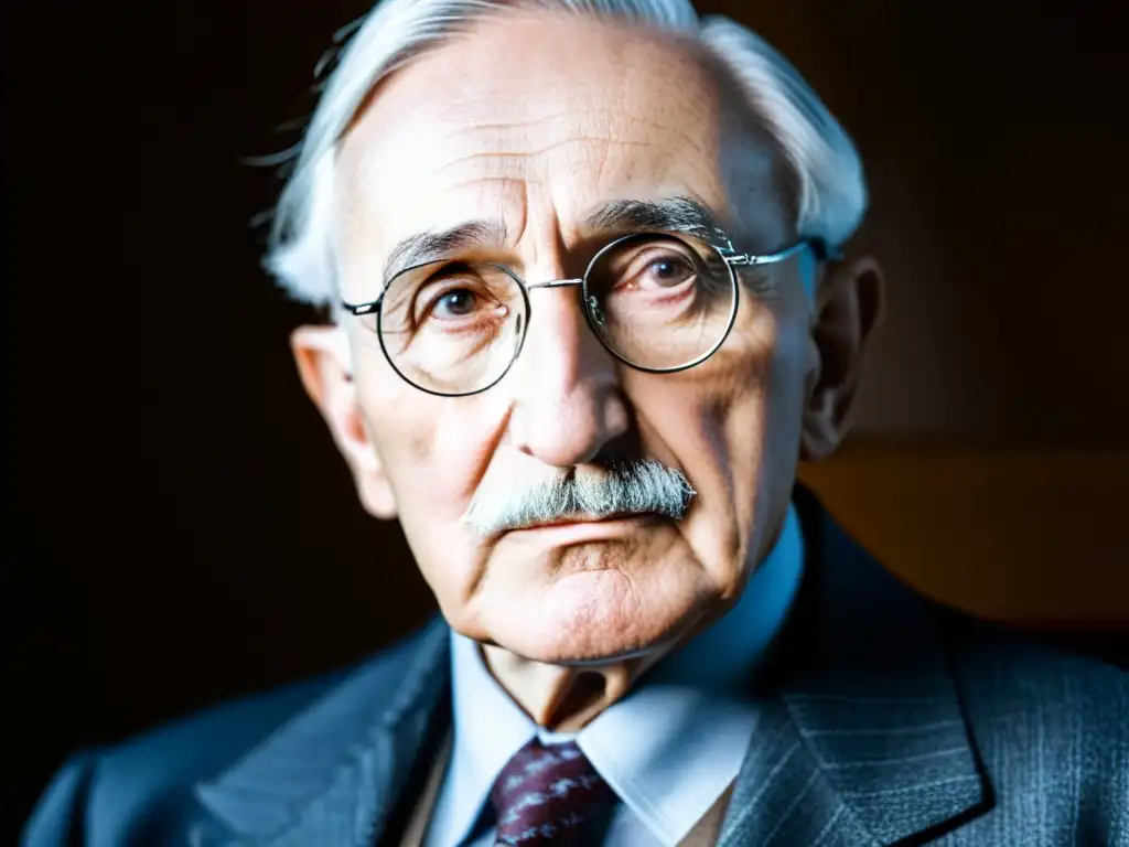 Retrato de Friedrich Hayek con mirada intensa, transmitiendo su compromiso con la libertad