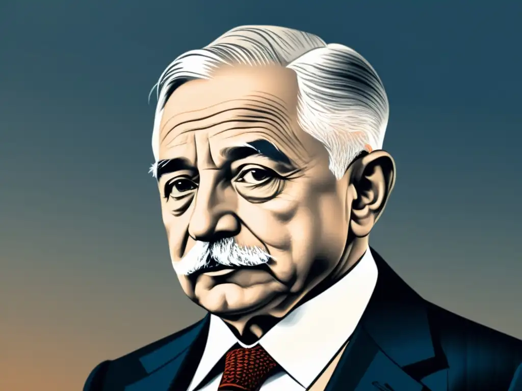 Retrato de Ludwig von Mises en estilo minimalista, con detalles impresionantes