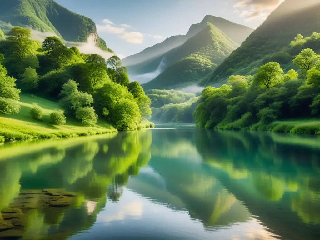 “Río sereno entre montañas verdes: belleza natural” Un río sereno fluye entre montañas verdes, iluminado por el cálido sol