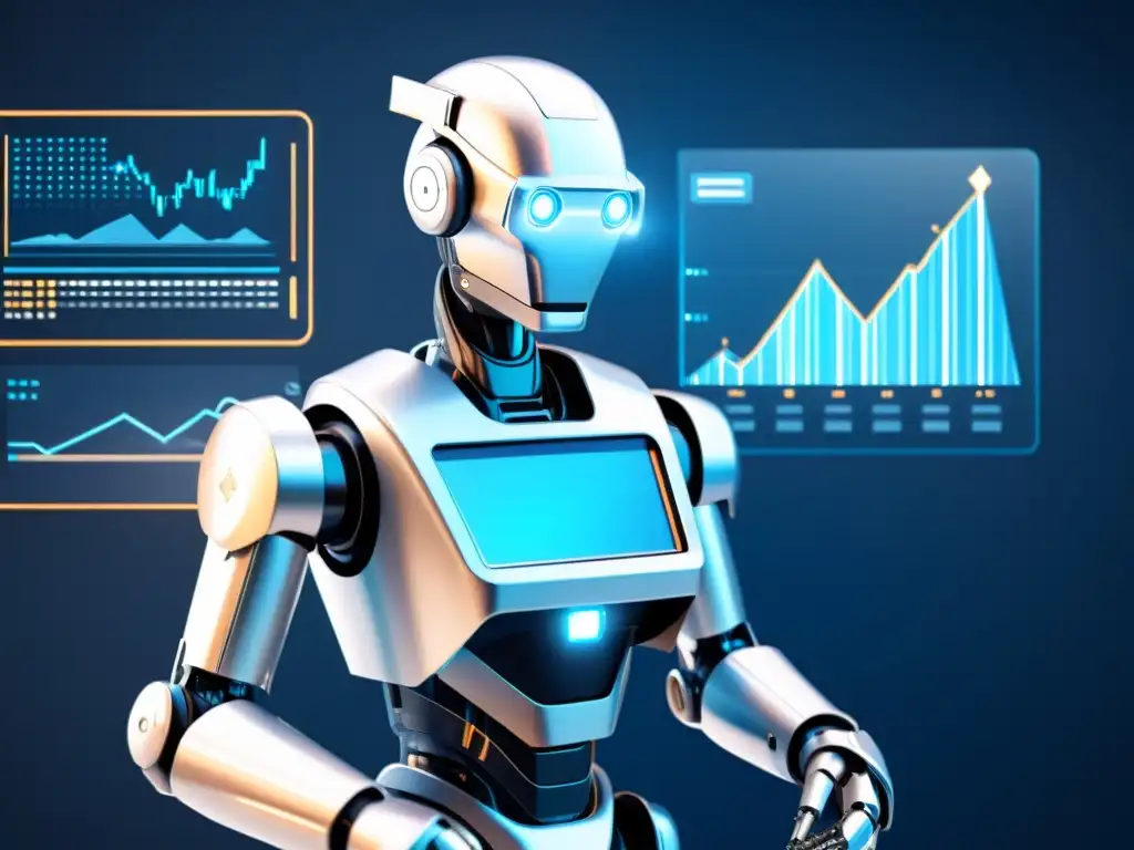 Un robot futurista analiza datos financieros con precisión, rodeado de gráficos holográficos