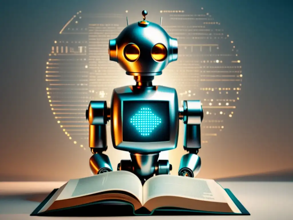 Un robot AI futurista junto a un libro de Economía Austriaca, rodeado de ecuaciones y algoritmos