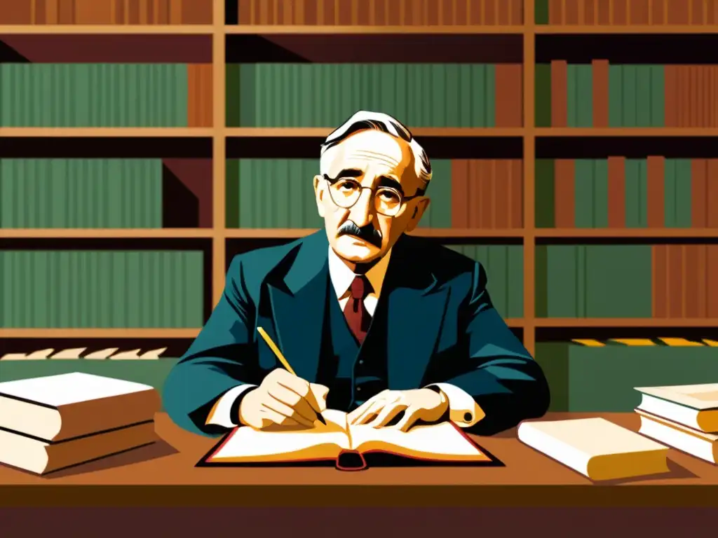 Friedrich Hayek rodeado de libros, escribiendo con expresión reflexiva