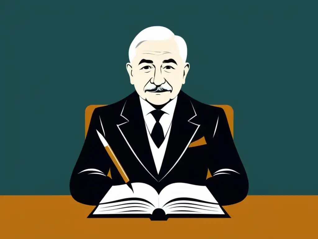 Ludwig von Mises reflexiona, rodeado de libros y una pluma, capturando su esencia intelectual y contemplativa